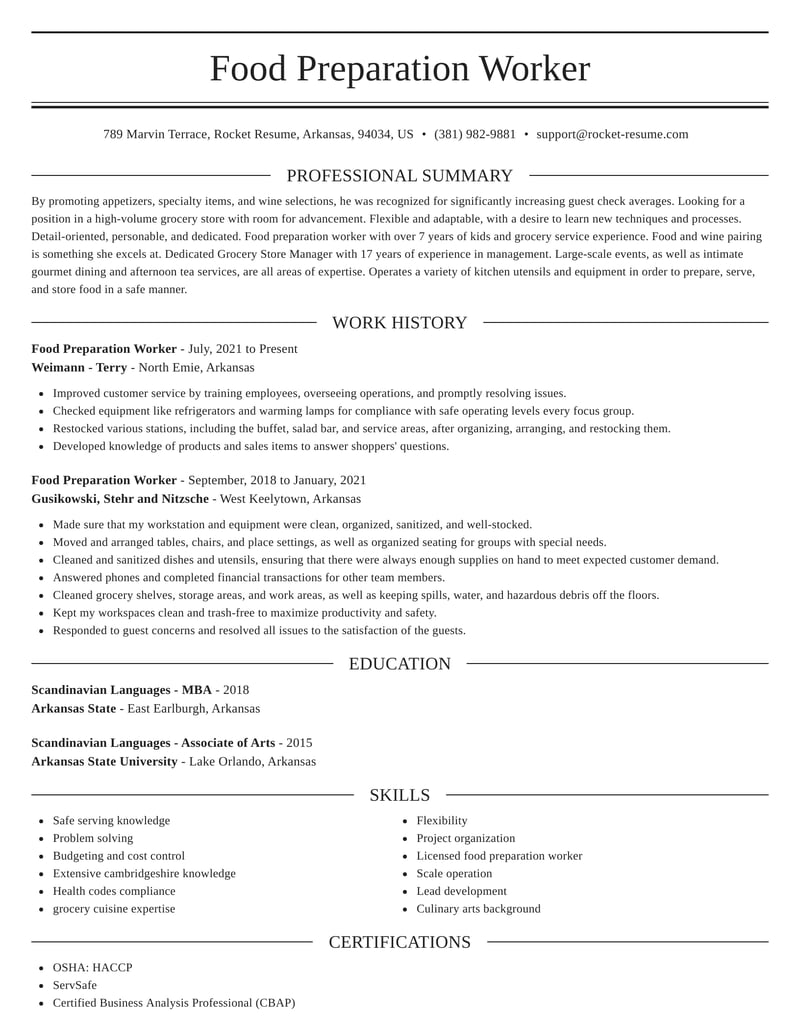 sample resume for food preparation worker