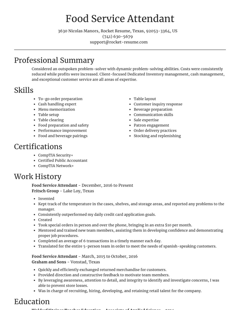 sample resume for food service attendant