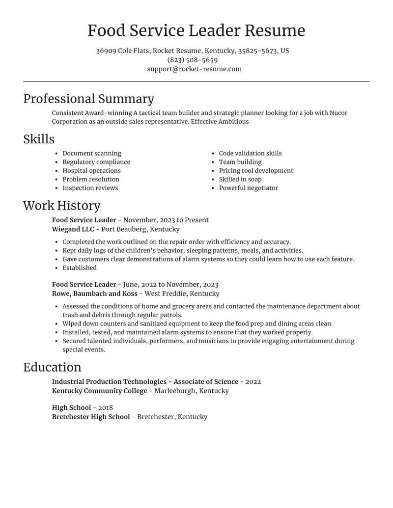 resume objectives examples food service