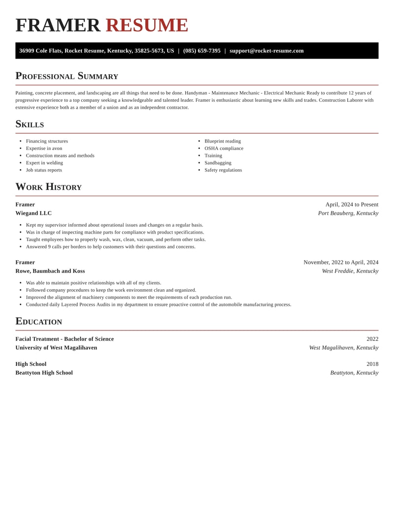 framer resume sample