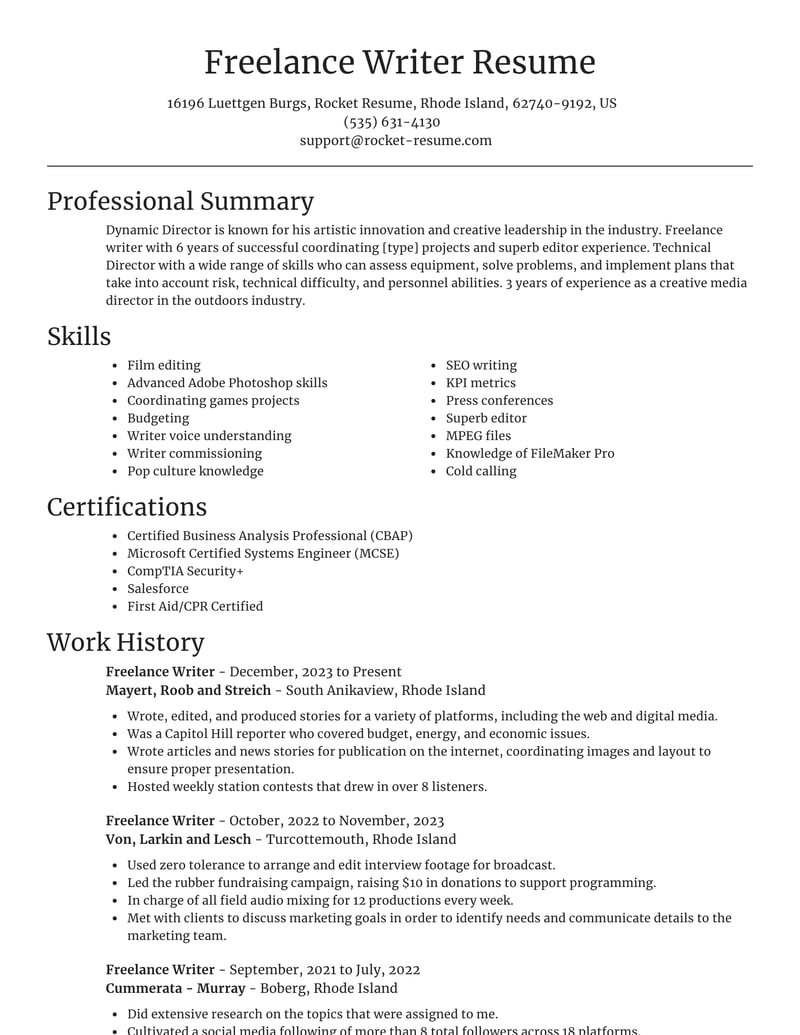 resume examples for freelance writers