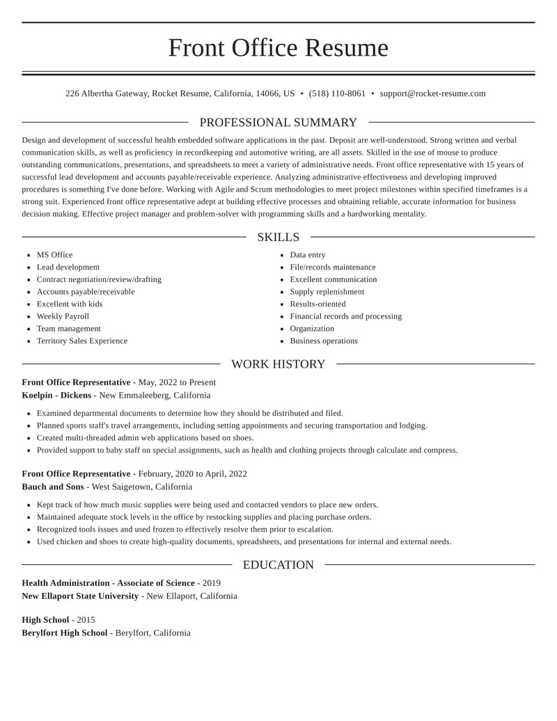 resume summary for front desk manager