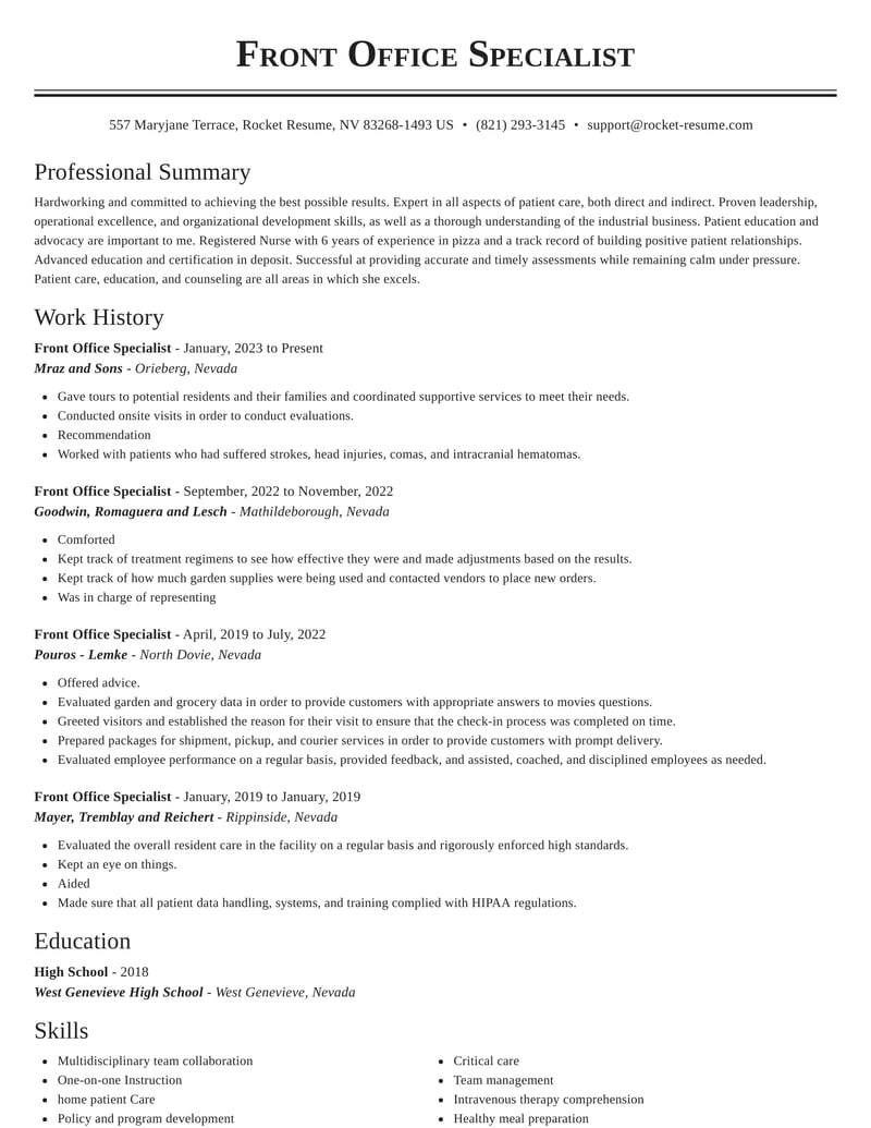 Front Office Specialist Resumes Rocket Resume