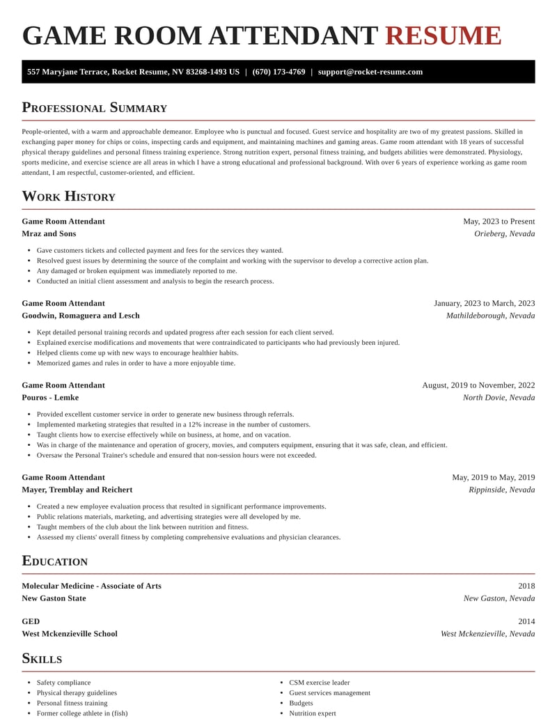 Game Room Attendant Resumes Rocket Resume