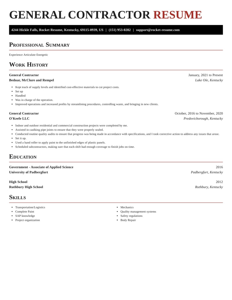 General Contractor Resumes | Rocket Resume