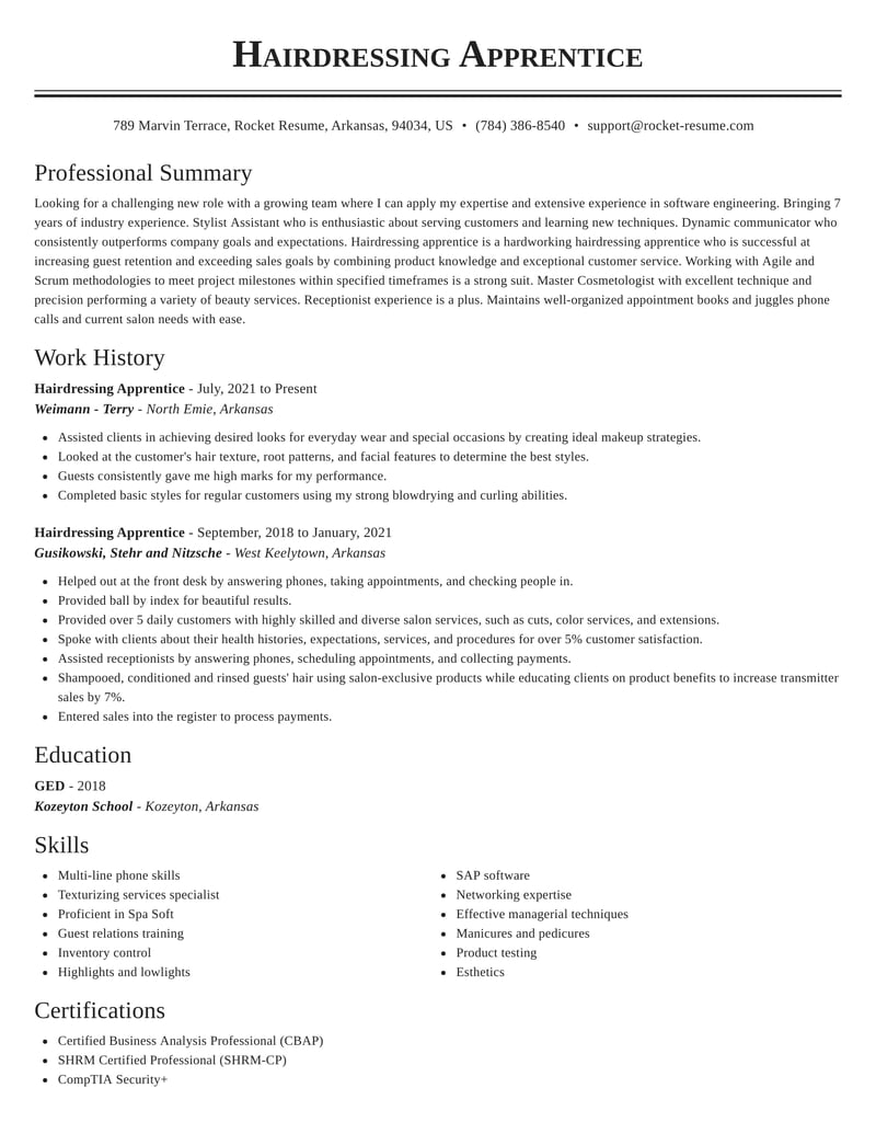 Hairdressing Apprentice Resumes | Rocket Resume