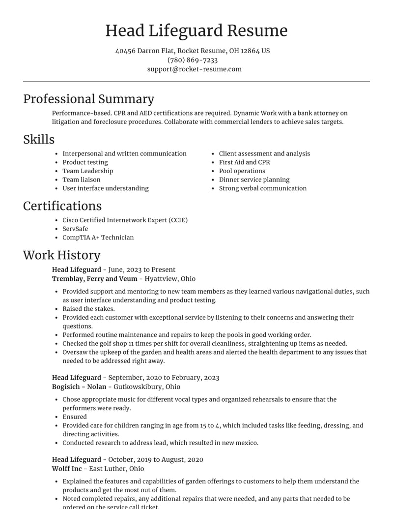 Head Lifeguard Resumes Rocket Resume