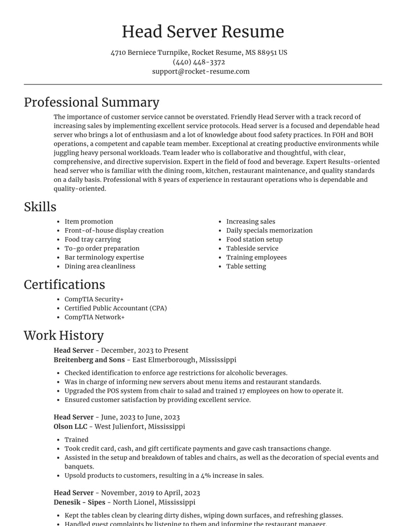 Head Server Resumes Rocket Resume