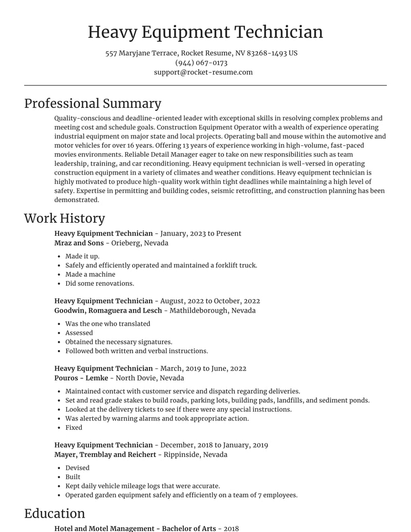 Heavy Equipment Technician Resumes Rocket Resume