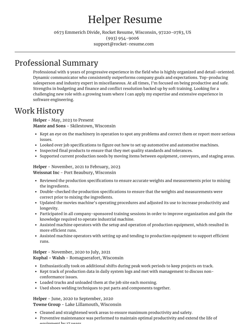 helper qualifications resume
