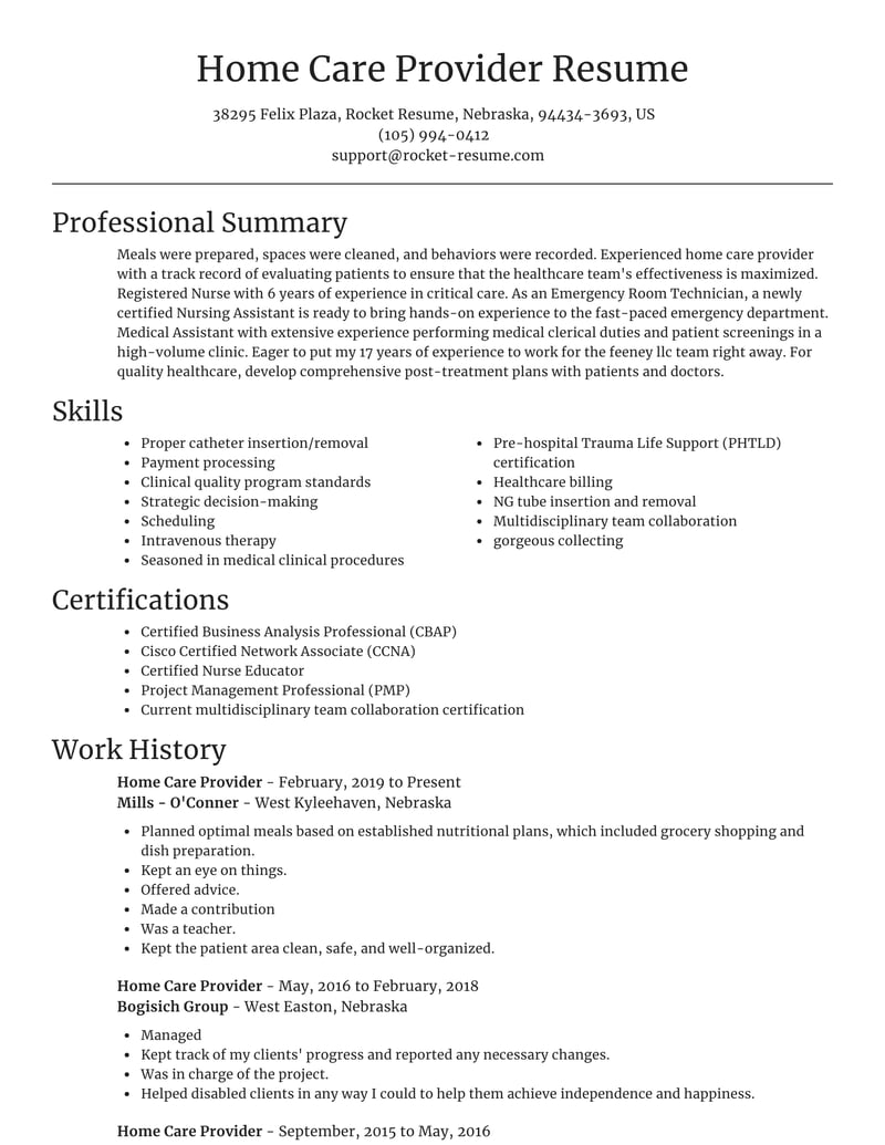 resume for home care provider