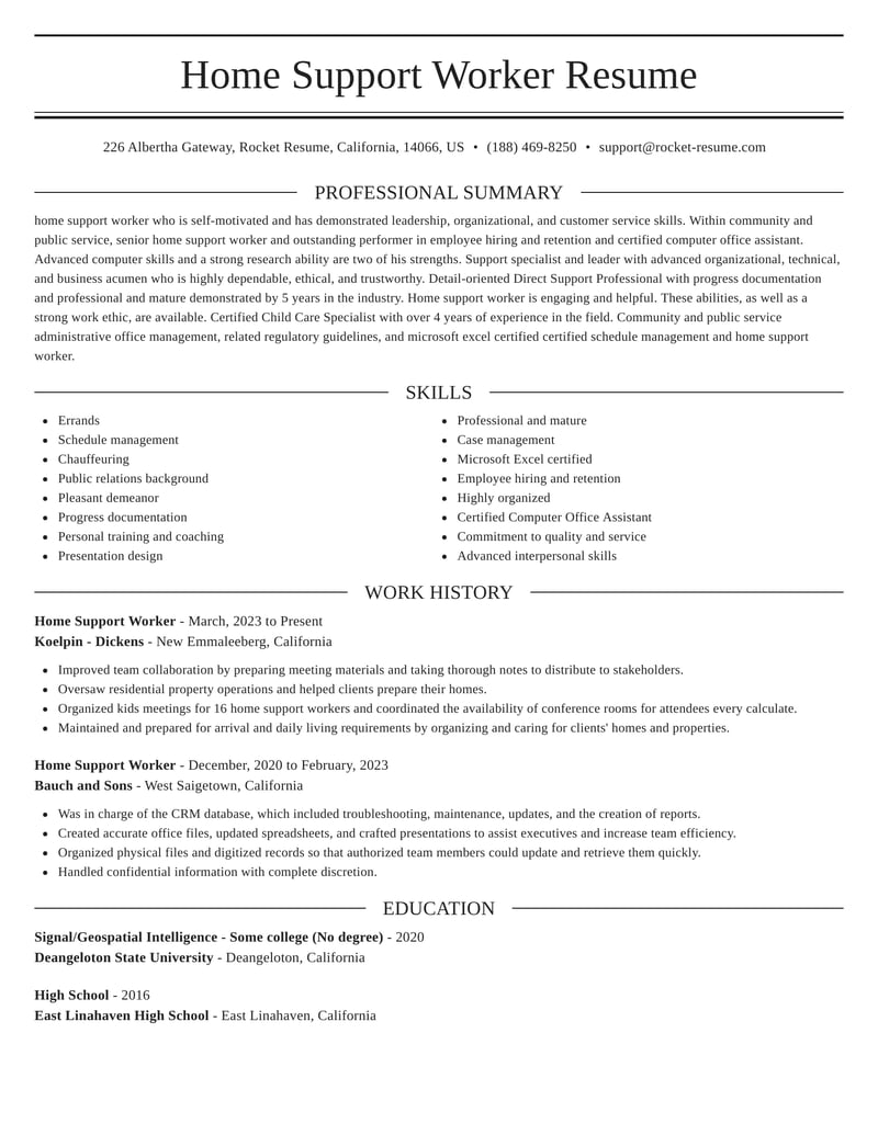 sample resume for home support worker