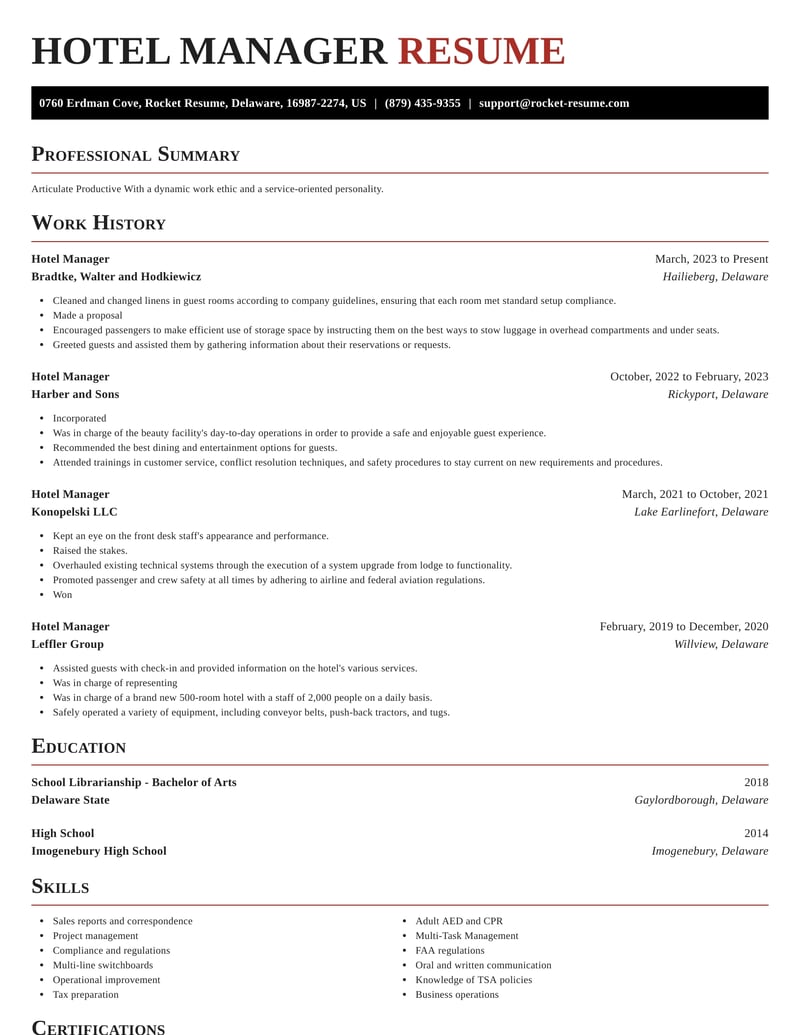 resume format for hotel management experience