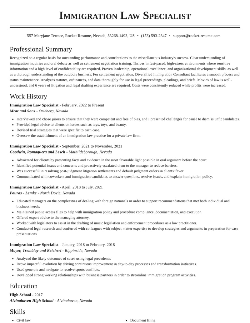 Immigration Law Specialist Resumes | Rocket Resume