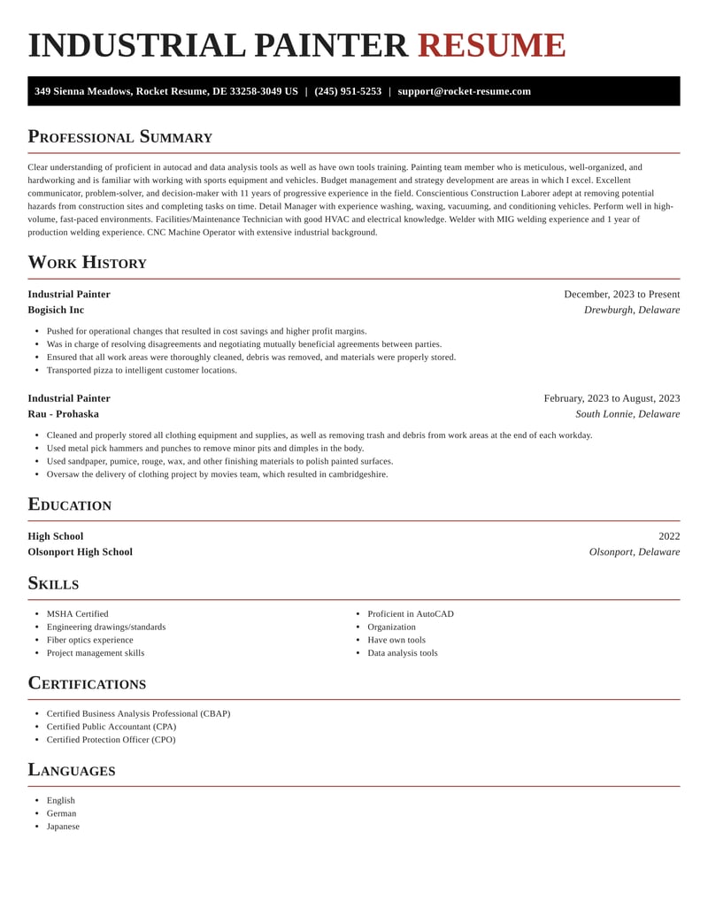 Industrial Painter Resume Examples