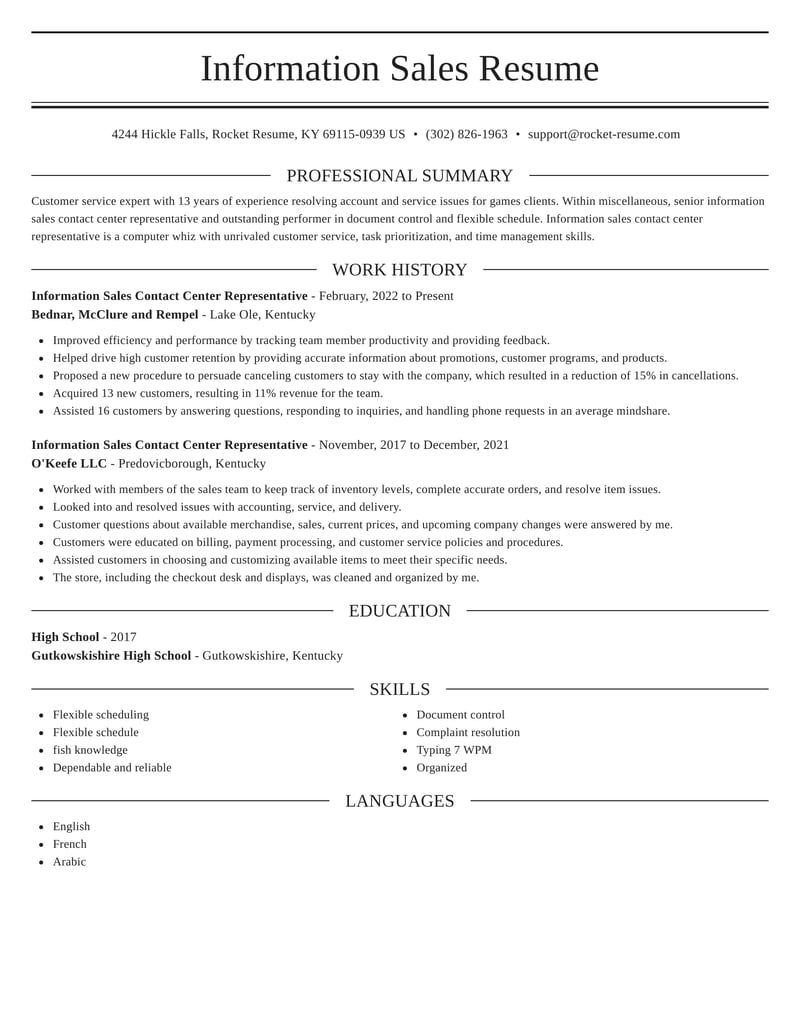 Information Sales Contact Center Representative Resumes ...