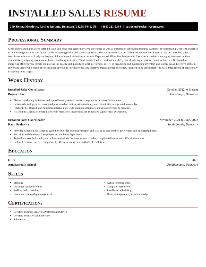 Installed Sales Coordinator Resumes | Rocket Resume
