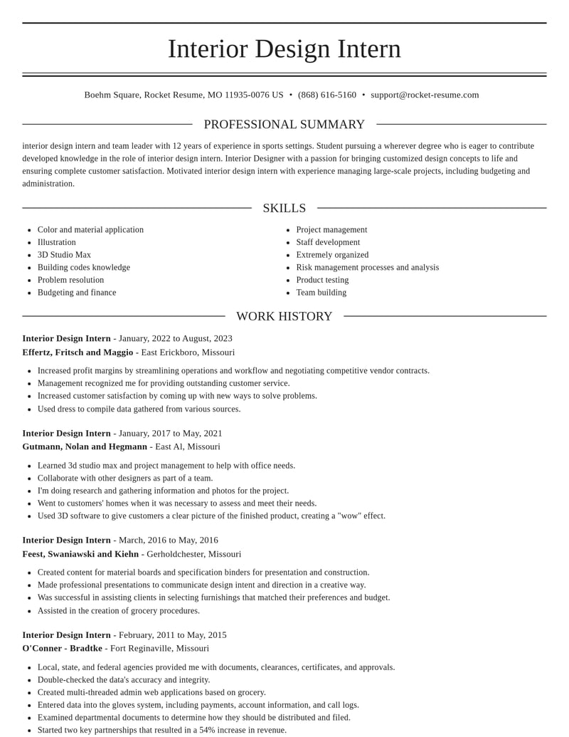 Interior Design Intern Resumes | Rocket Resume