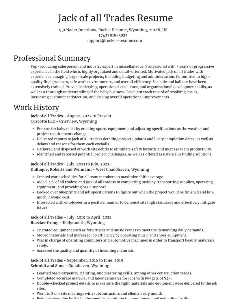 resume summary examples for jack of all trades