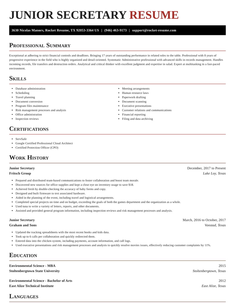 Junior Secretary Resumes Rocket Resume