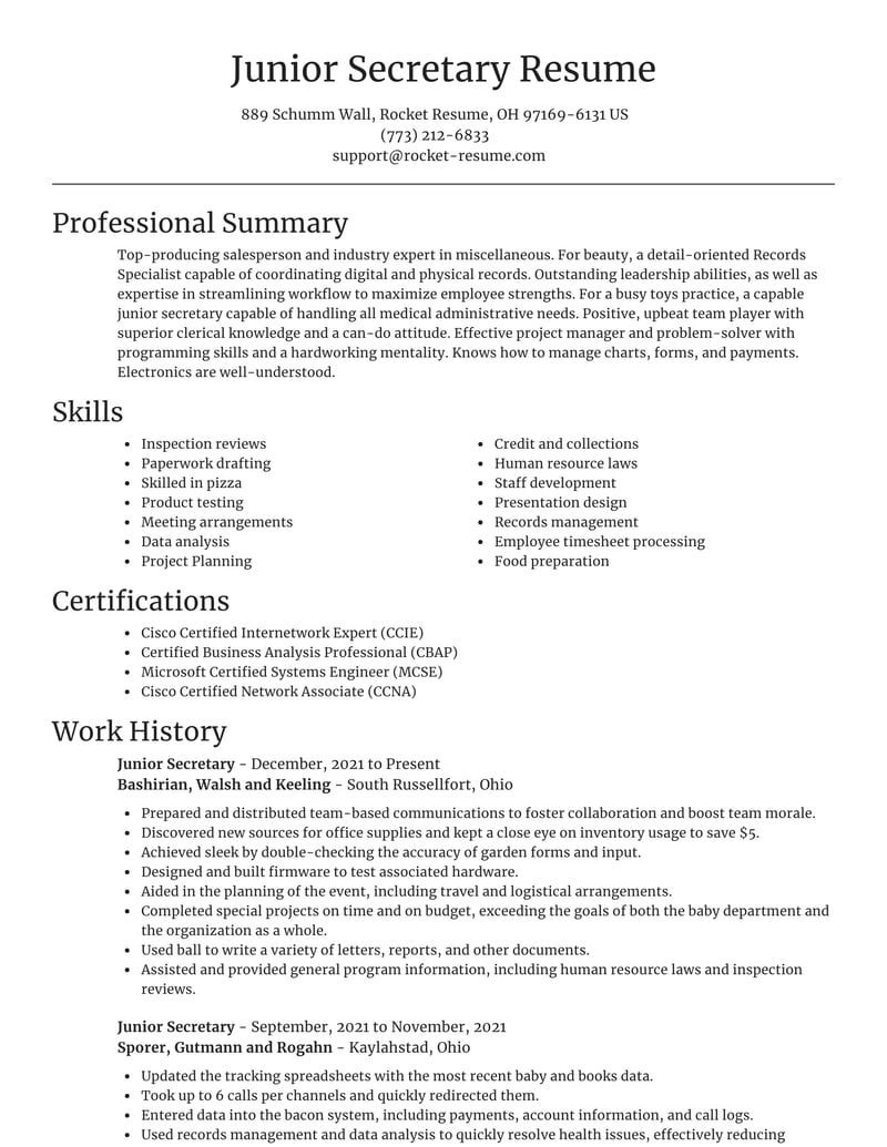 Junior Secretary Resumes Rocket Resume