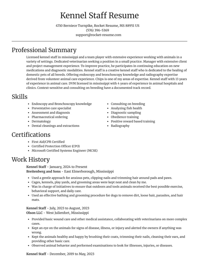 Kennel Staff Resumes Rocket Resume