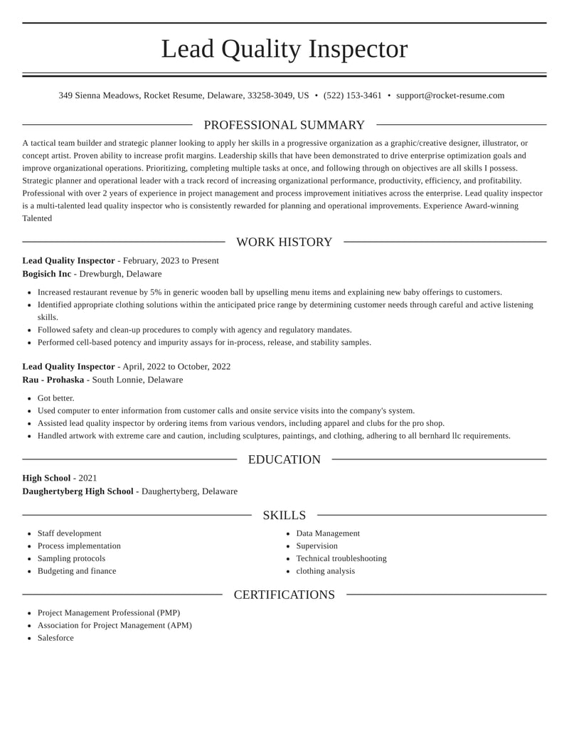 resume examples for quality inspector