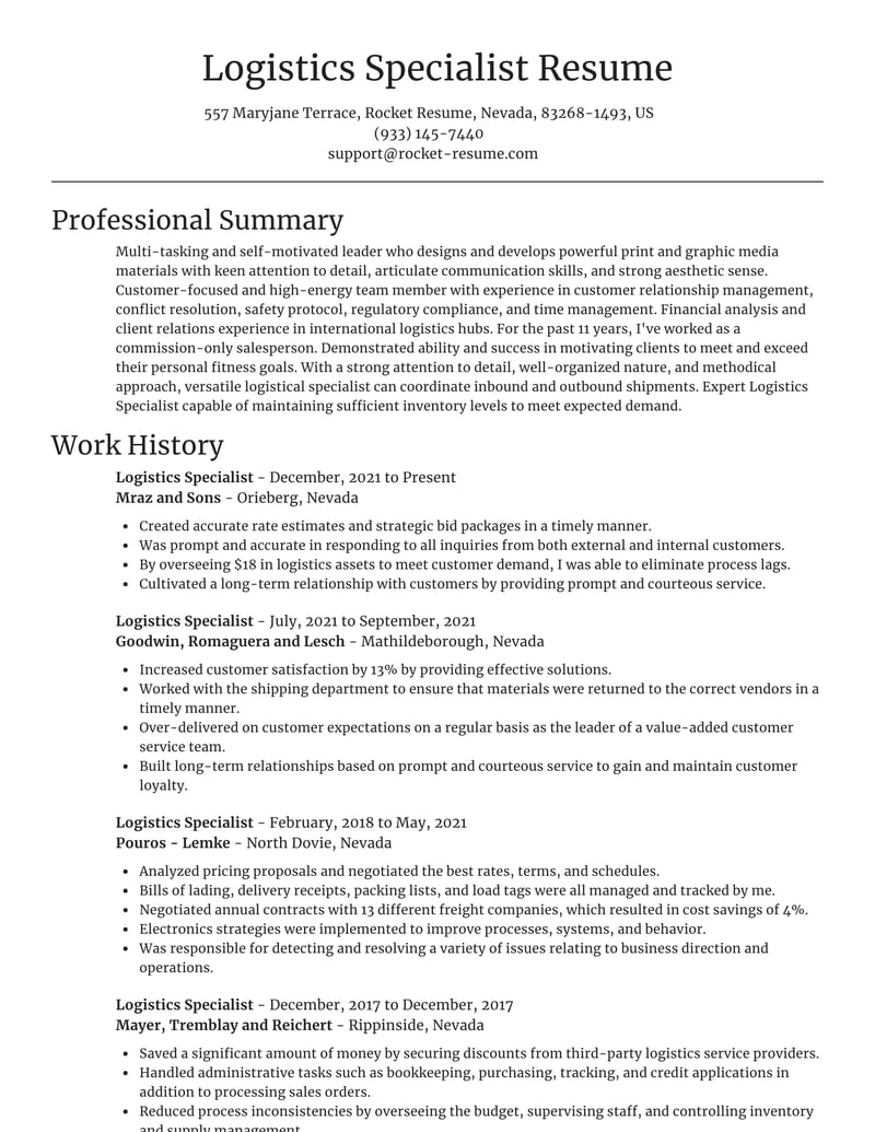 experience resume format for logistics