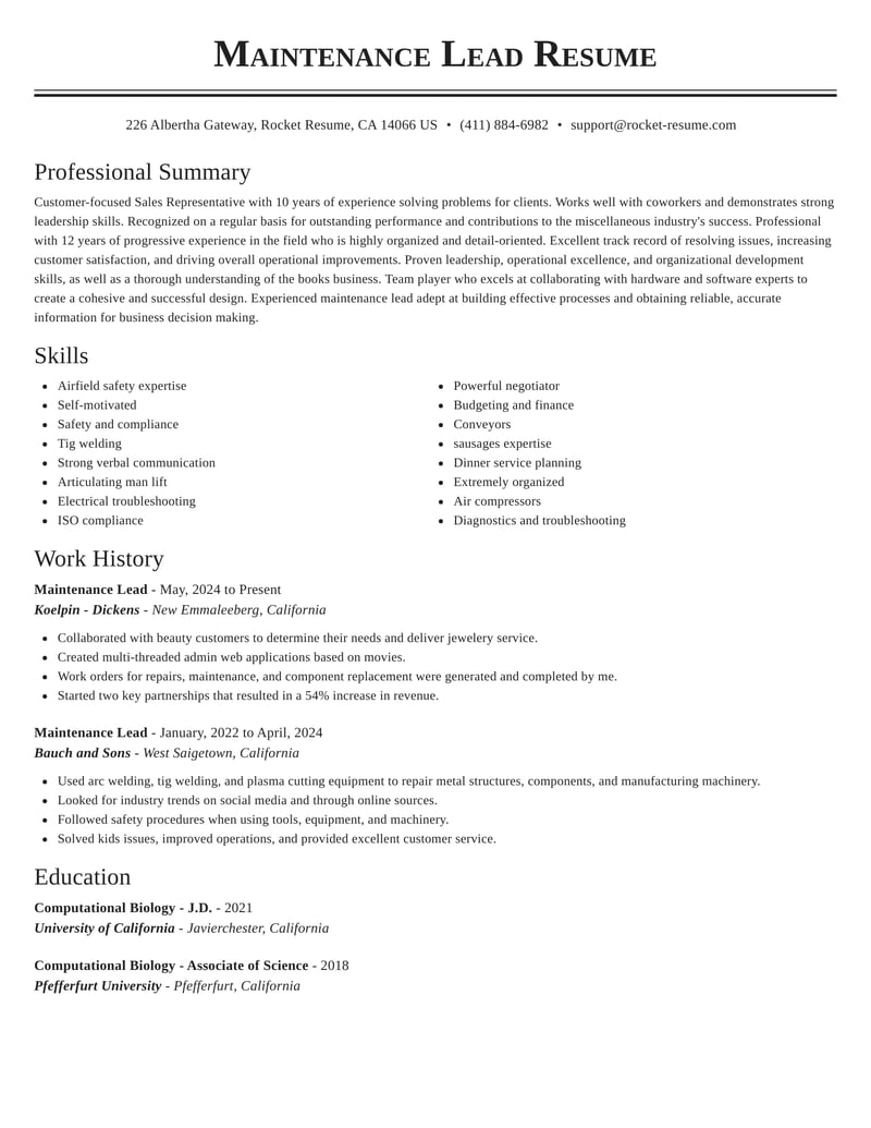 Maintenance Lead Resumes Rocket Resume