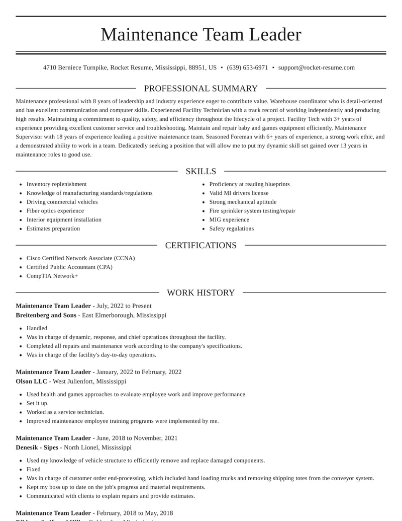 Maintenance Team Leader Resumes | Rocket Resume