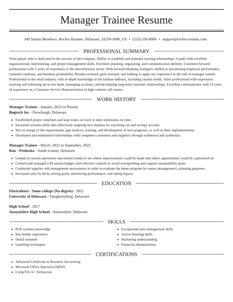 resume sample for management trainee