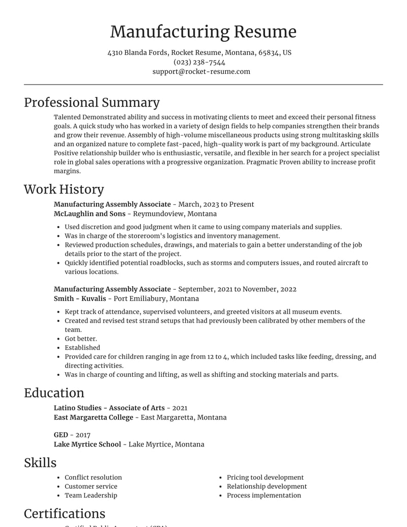 resume summary examples for manufacturing