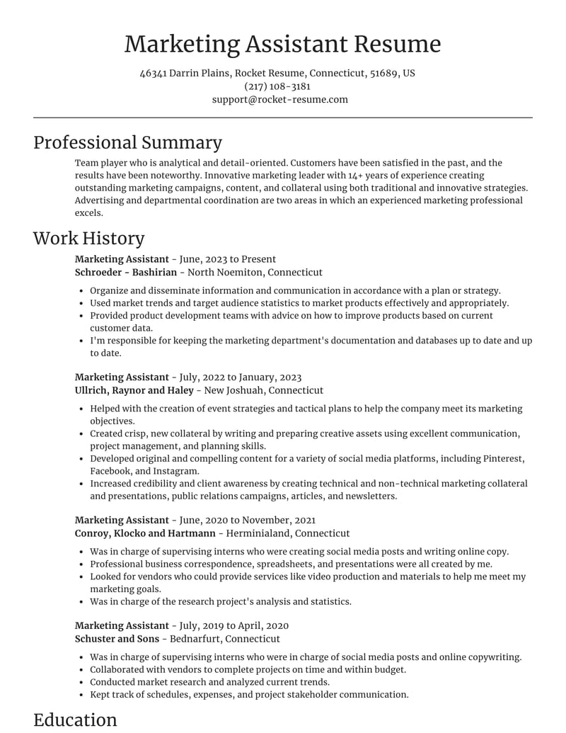 resume job description marketing assistant
