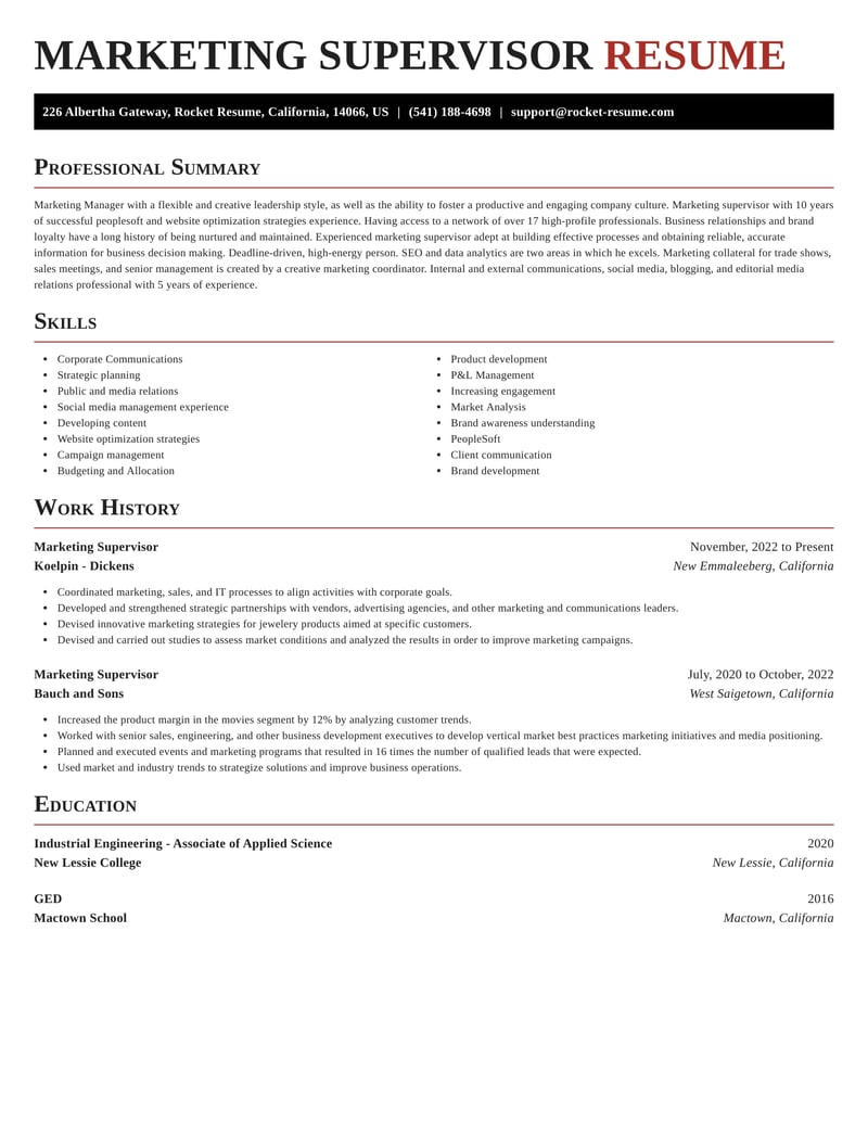 Marketing Supervisor Resumes | Rocket Resume