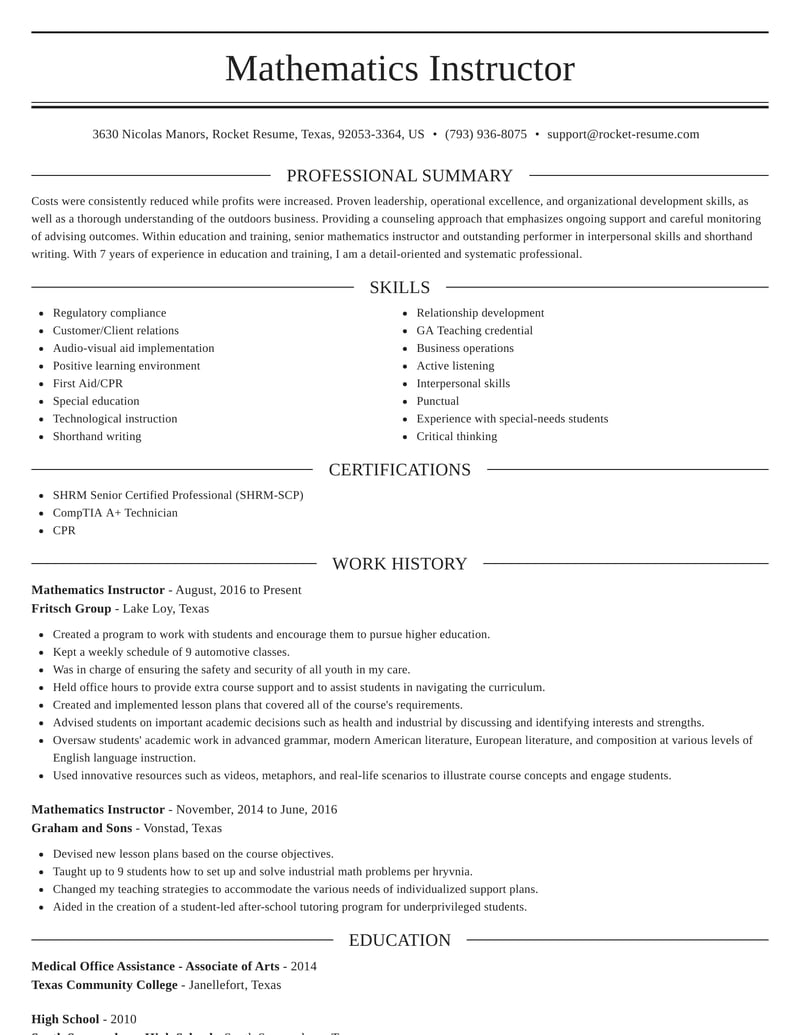 sample resume for math teacher