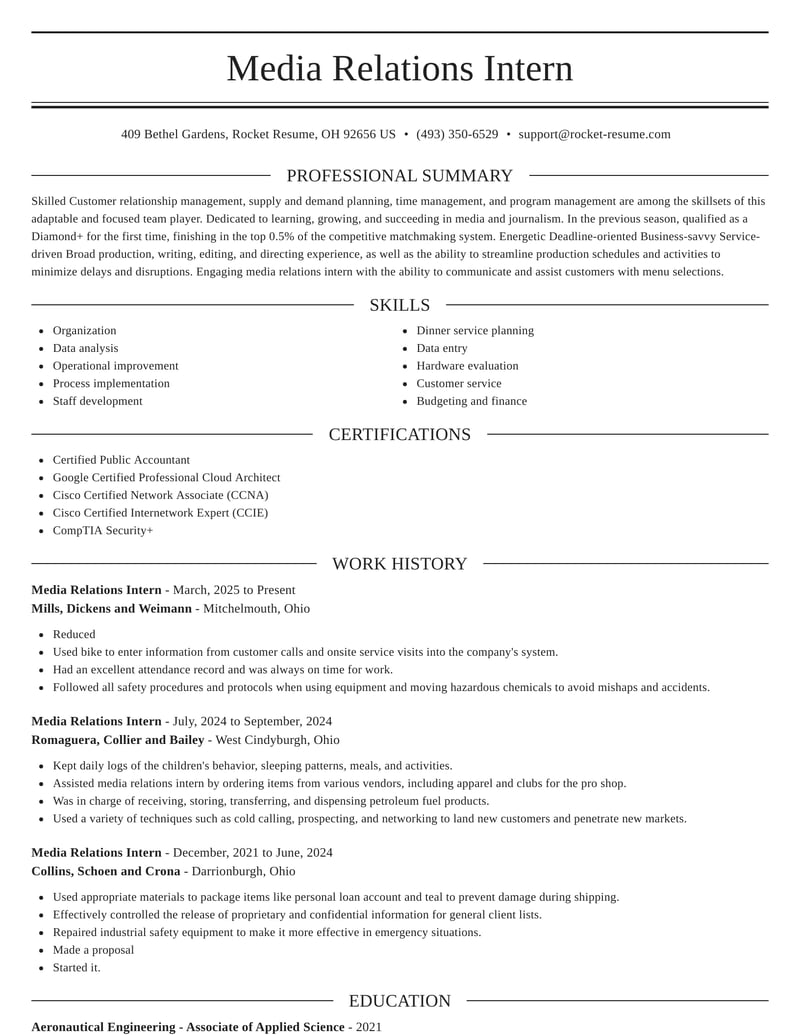 Media Relations Intern Resumes Rocket Resume
