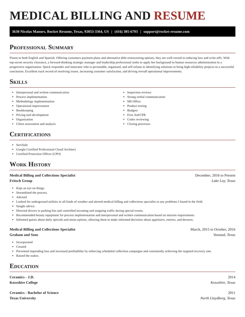 Medical Billing and Collections Specialist Resumes Rocket Resume