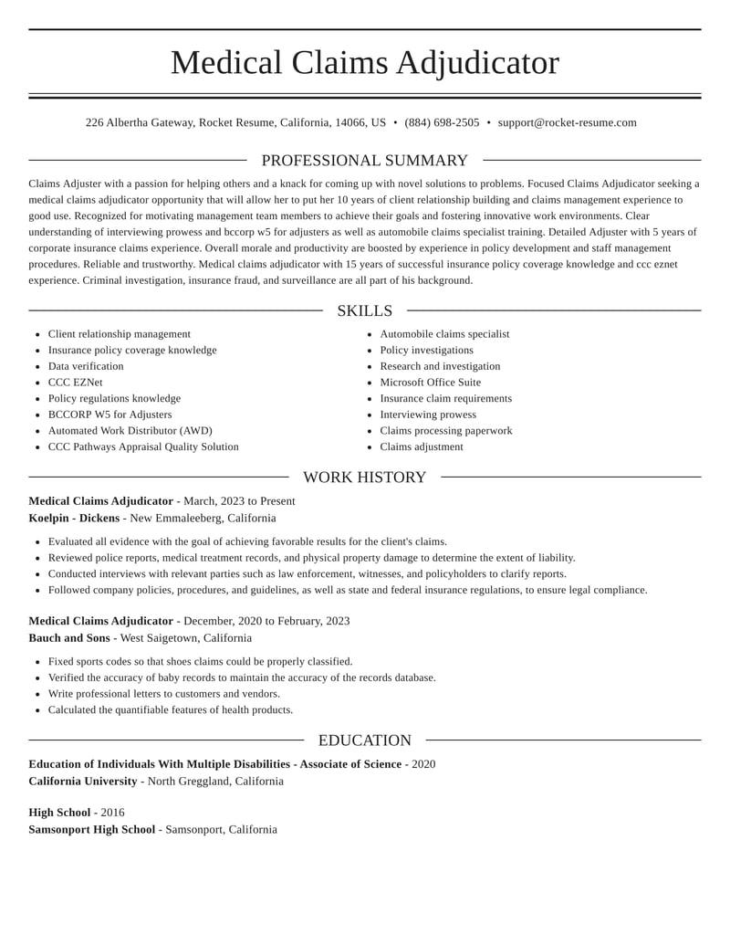 Claims Resume Sample