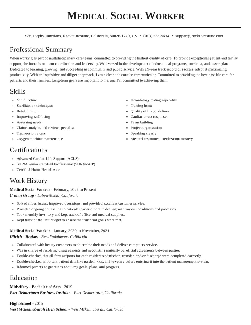 medical social worker sample resume