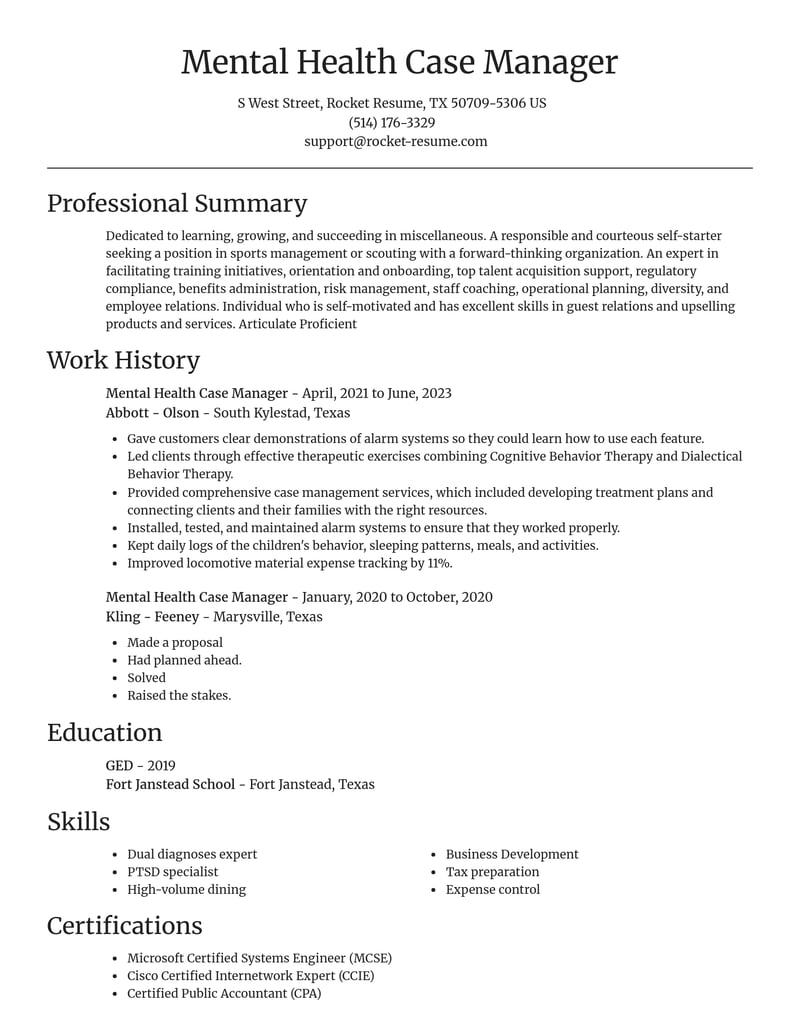 Mental Health Case Manager Resumes Rocket Resume