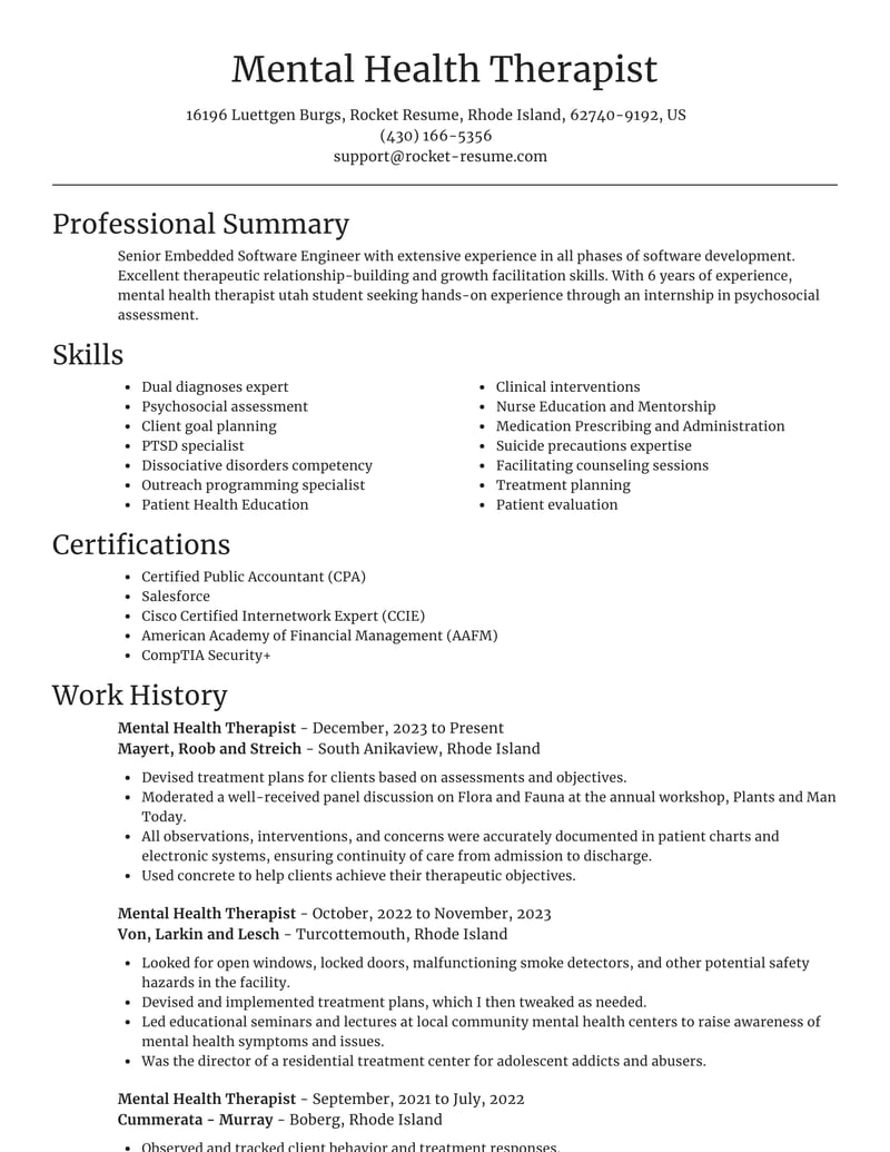 Mental Health Professional Resume Sample