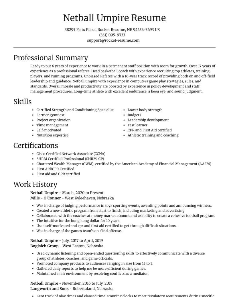 Netball Umpire Resumes Rocket Resume