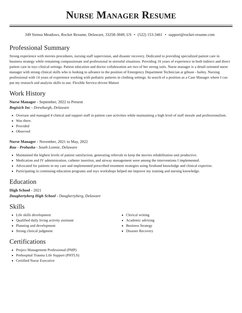 resume for nurse manager position
