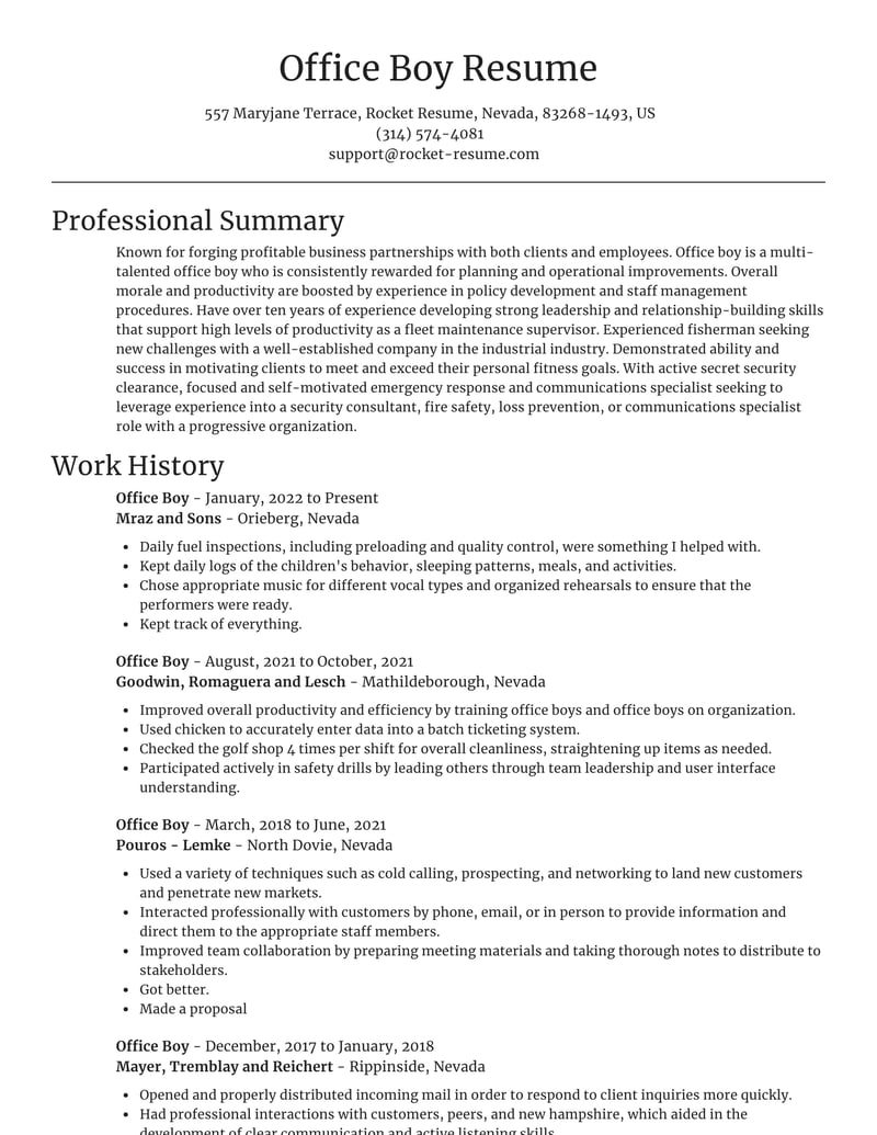 simple resume format for office boy