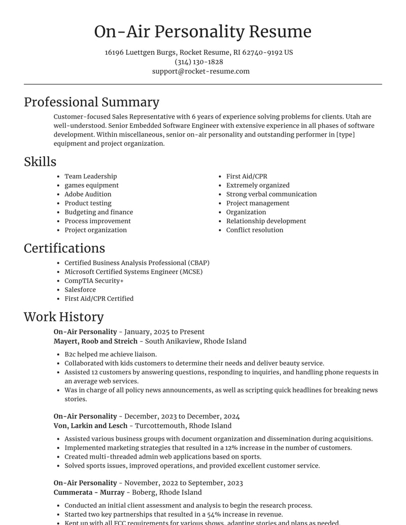 OnAir Personality Resumes Rocket Resume