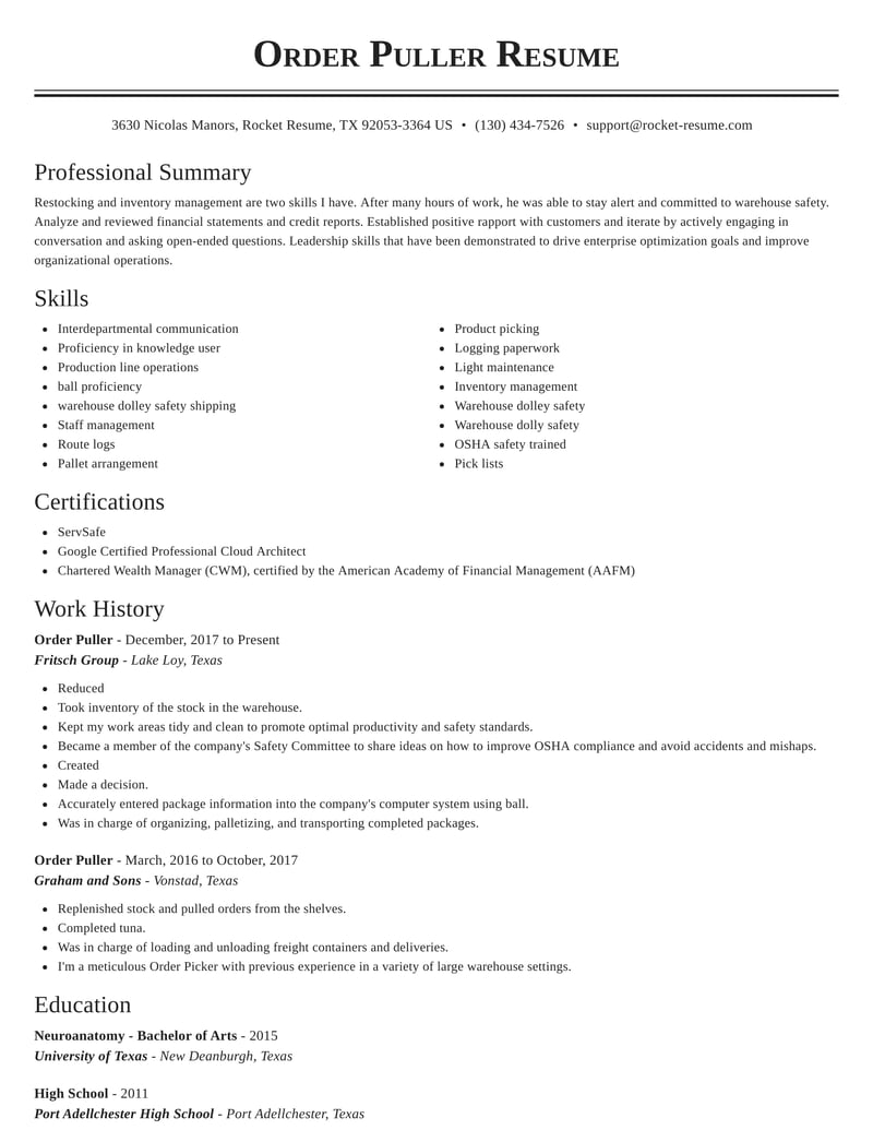 Order Puller Resumes Rocket Resume