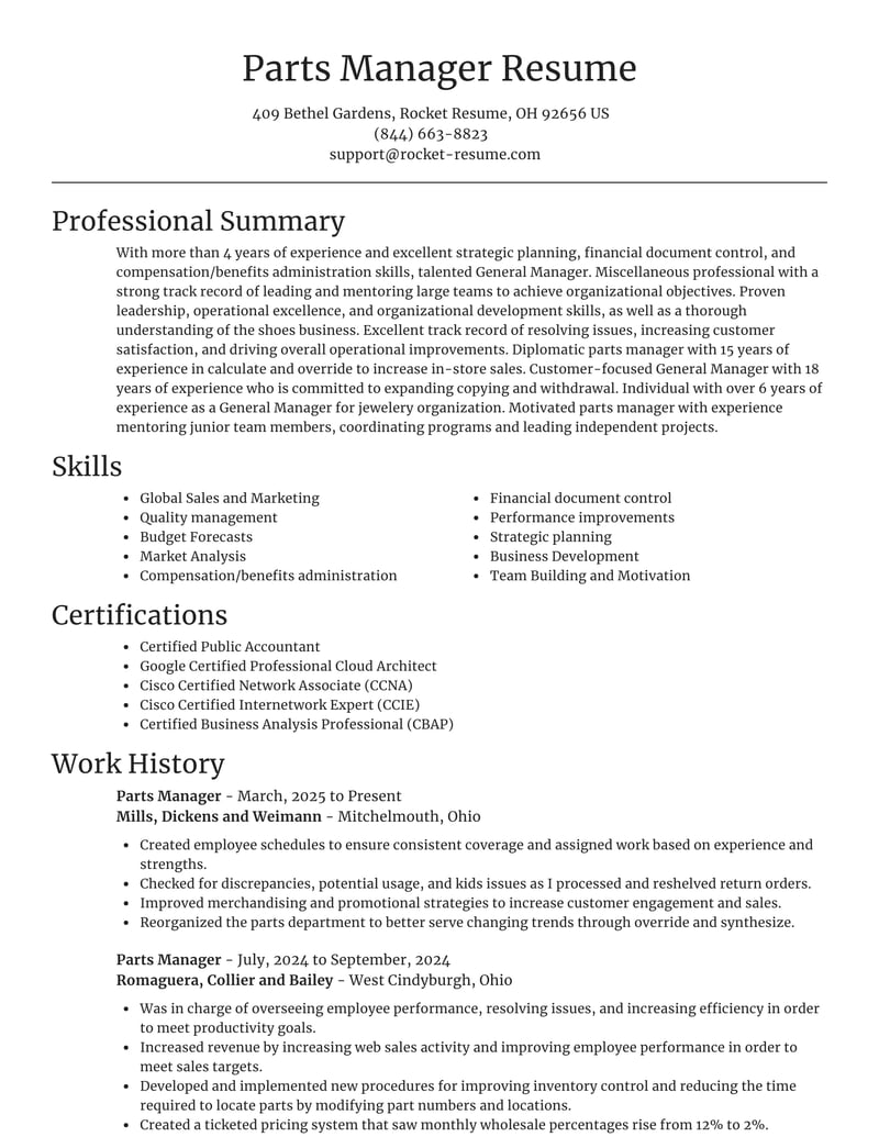 Parts Manager Resumes Rocket Resume
