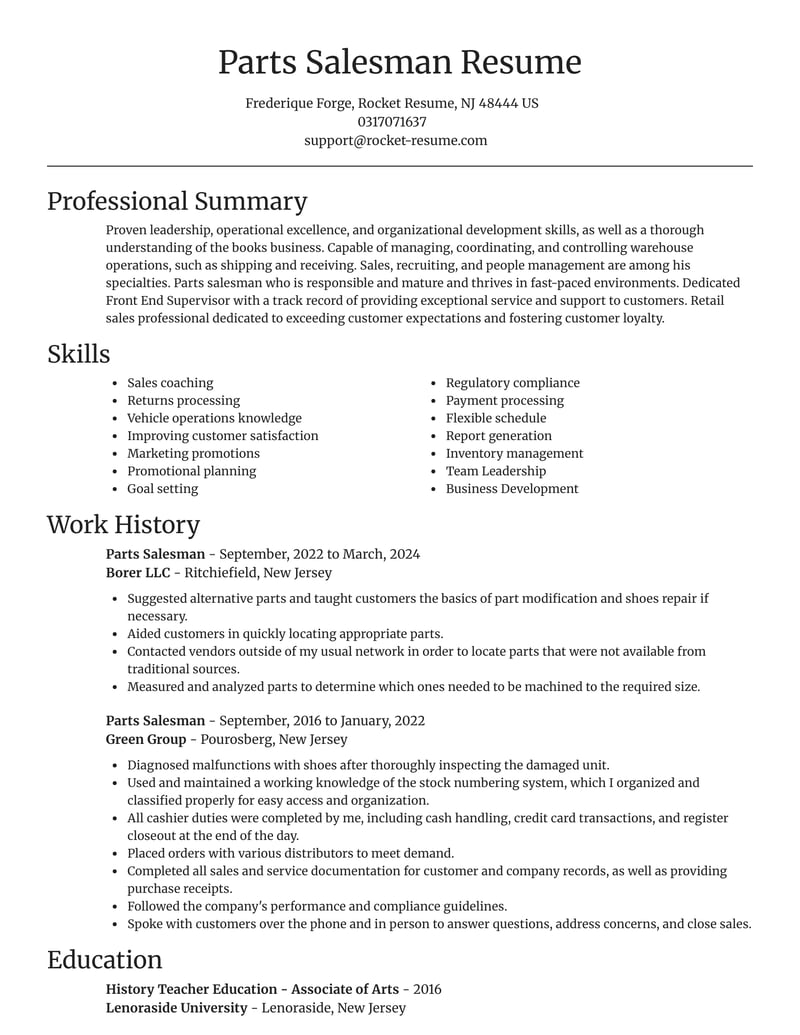 Parts Salesman Resumes Rocket Resume