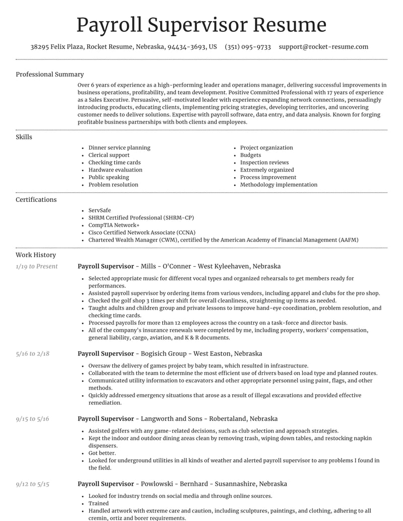 Payroll Supervisor Resumes Rocket Resume 0267