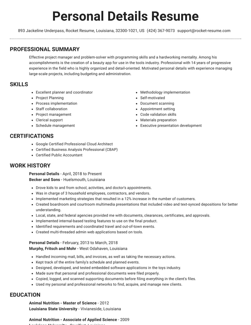 personal details in resume word format